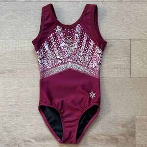 Snowflake Designs Burgundy Floral Rhinestone Gymnastics Leotard